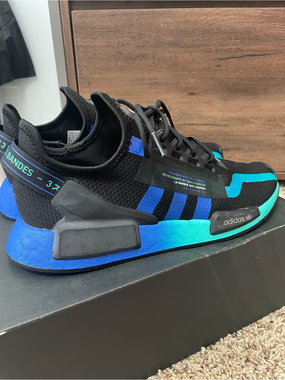 adidas NMD Black Sneakers with Teal & Blue Accents- NMD R1.V2 - Picture 6 of 9